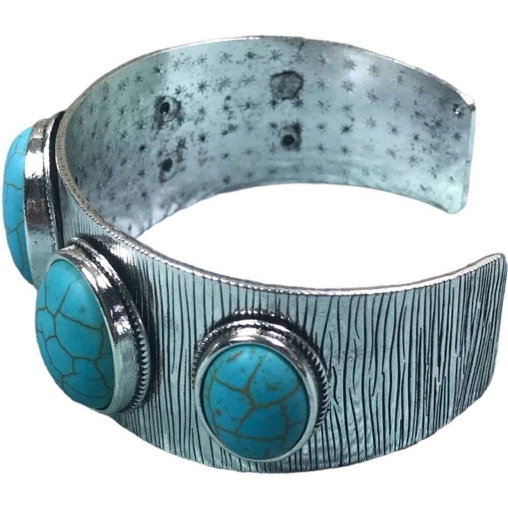 Silver Tone & Turquoise Wide Open Cuff Bracelet - Picture 3 of 10